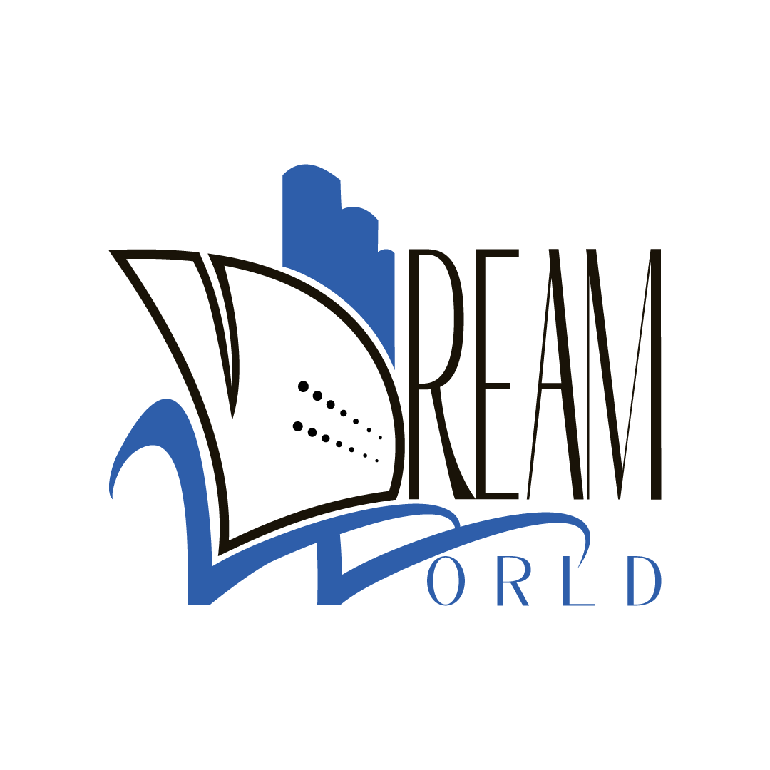 logo dream world le D de dream forme un paquebot et le W de world des vagues